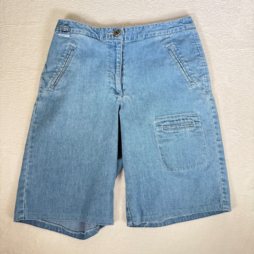 Talbots Womens High Waist Denim Bermuda Shorts Buckle Waist Cargo Pocket Blue 6
